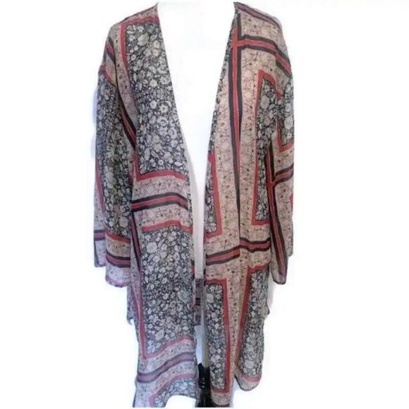 Maurices Floral Kimono Cardigan Womens Small/Medium Navy Red & Tan Kaftan - Picture 1 of 7